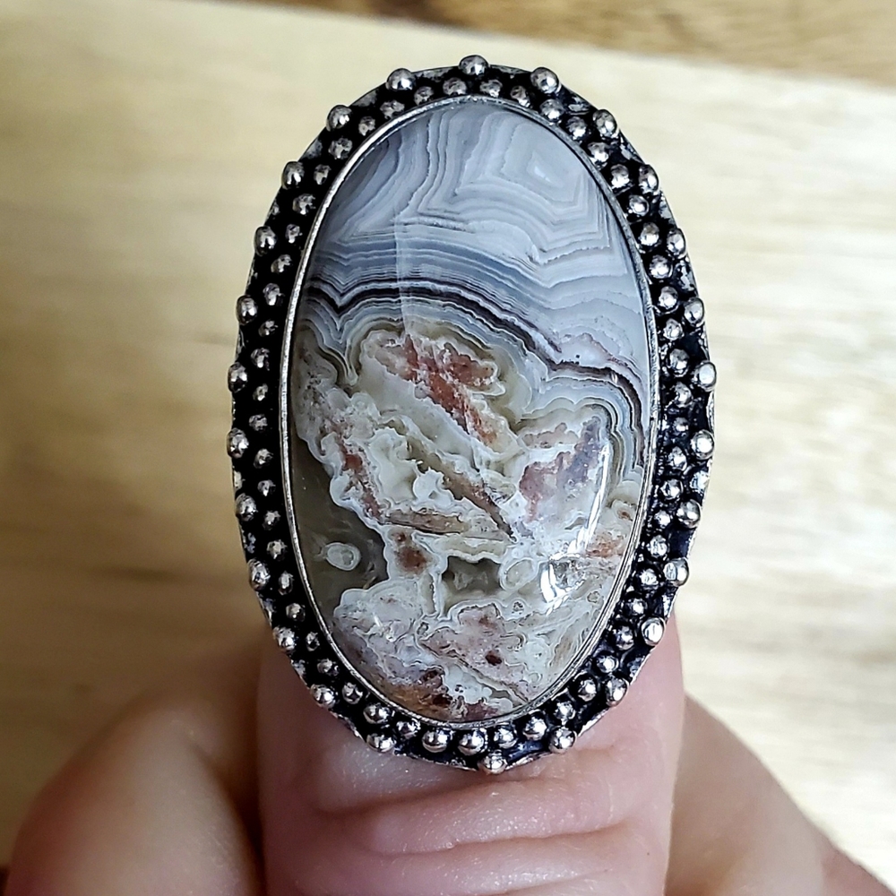 New Crazy Lace Agate 925 Silver Ring.
